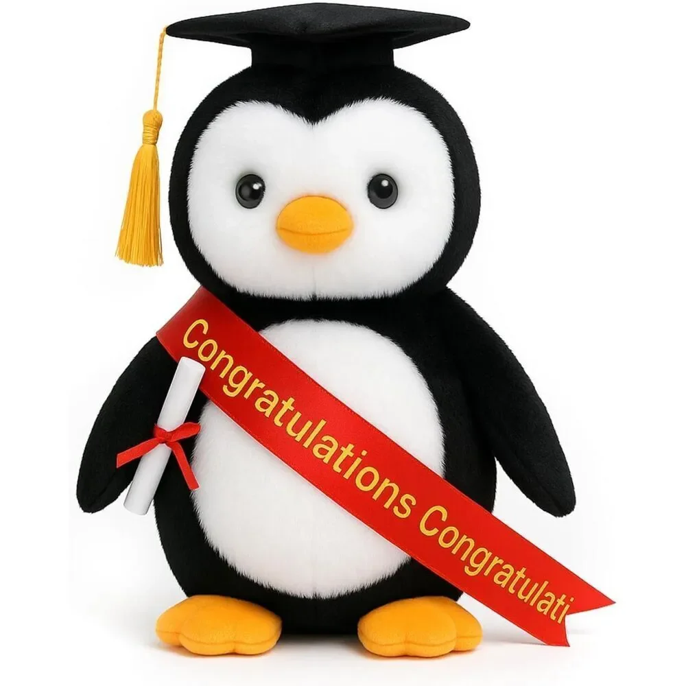 12 inches Velvet Gold Plush Penguin Stuffed Animal with Graduation Doctoral Tam